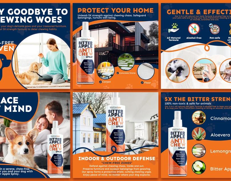 Amazon listing images for an anti-chew dog spray, designed by Mueen Haider