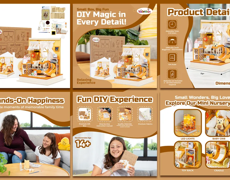 Amazon listing images for a DIY miniature house kit, designed by Mueen Haider