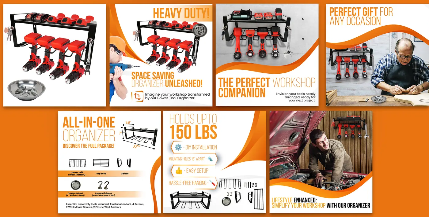 Amazon listing images for a garage tool organizer by Mueen Haider