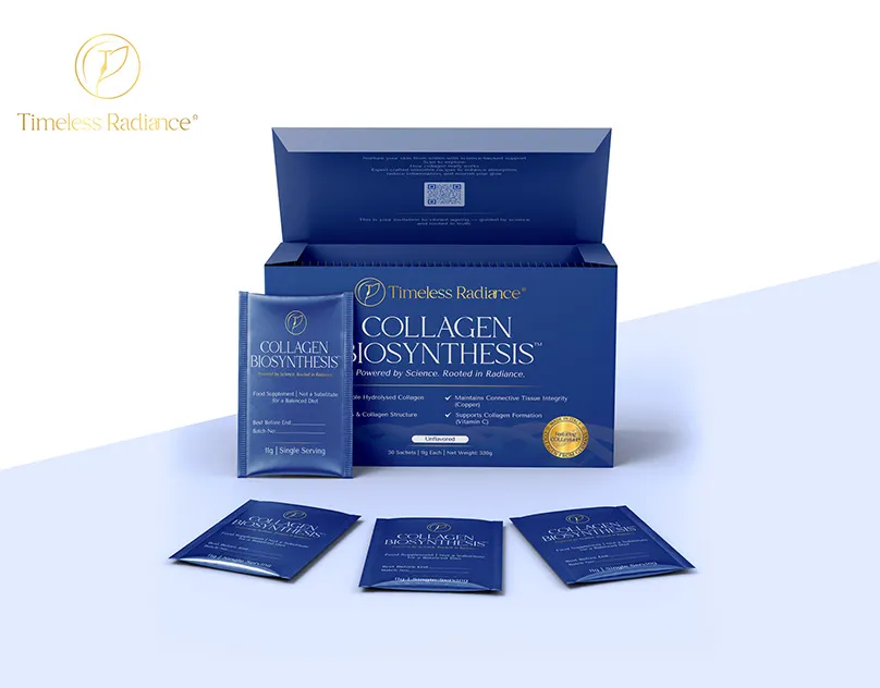 Collagen supplement box and sachets by Mueen Haider
