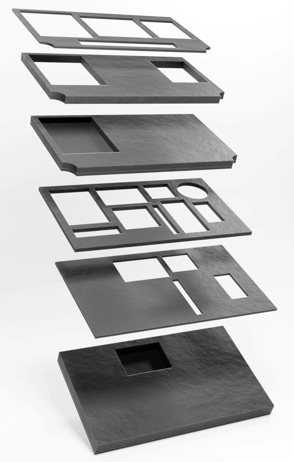 Exploded view of the layered EVA insert, packaging design by Mueen Haider