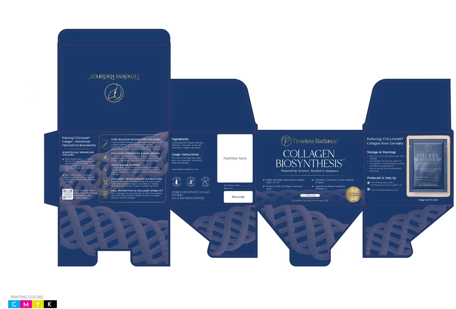 Exterior artwork on the box dieline, CMYK., packaging design by Mueen Haider
