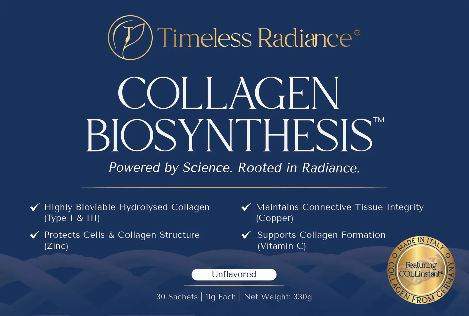 Front panel: brand mark, product name, tagline, four key benefits and the COLLinstant® seal., packaging design by Mueen Haider